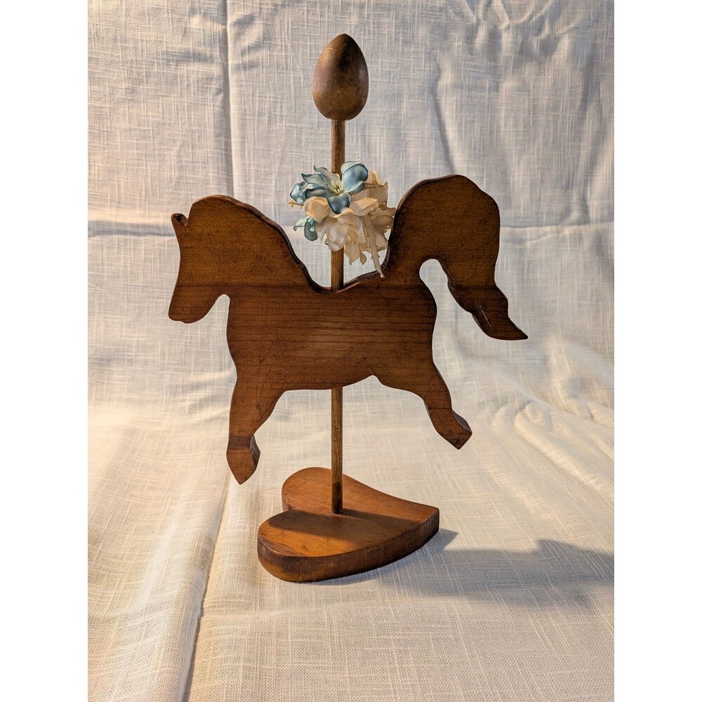 Vintage Wooden Carousel Horse on Heart Stand Floral Accents Country Primitive